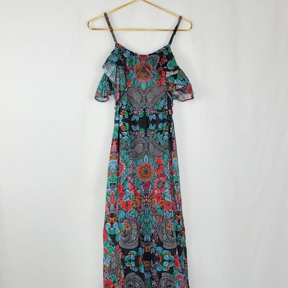 Sky Nesermy Beautiful Floral & Paisley Off the Shoulder Ruffle Top Maxi Dress - Picture 6 of 16